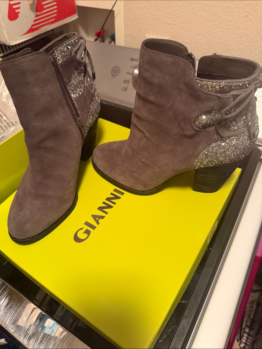 Gianni Bini Gray Suede Ankle Boots with Glitter Heel Accents